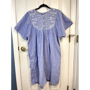 Vintage Naqui Blue Embroidered Chambray Midi Dress with Pockets Size Large